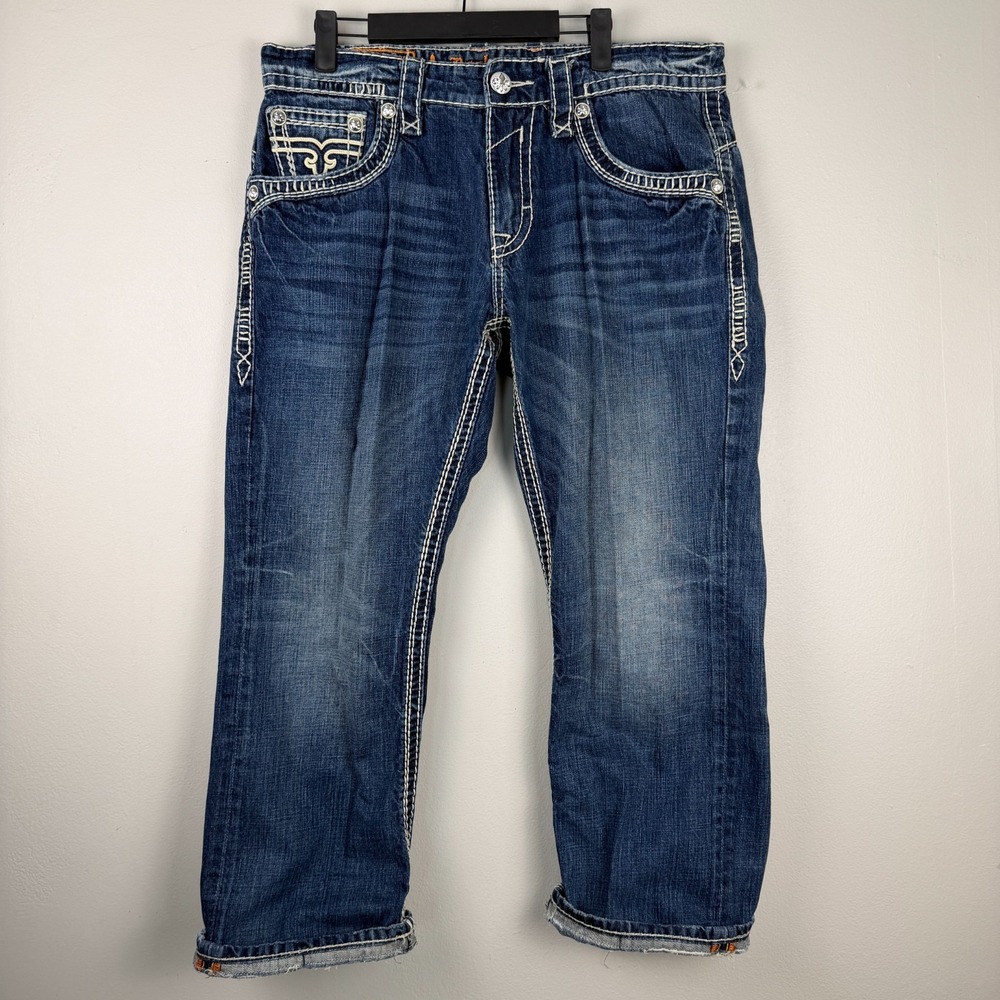 Rock Revival Jeans Men's 34 (35x25) Blue Denim 100% Cotton Relaxed Straight Leg